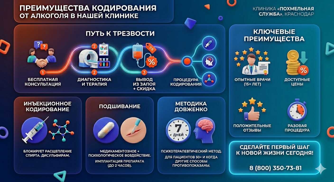 Инфографика о методах кодирования от алкоголя в Лузино: инъекции, подшивание, метод Довженко. Преимущества клиники и этапы лечения.